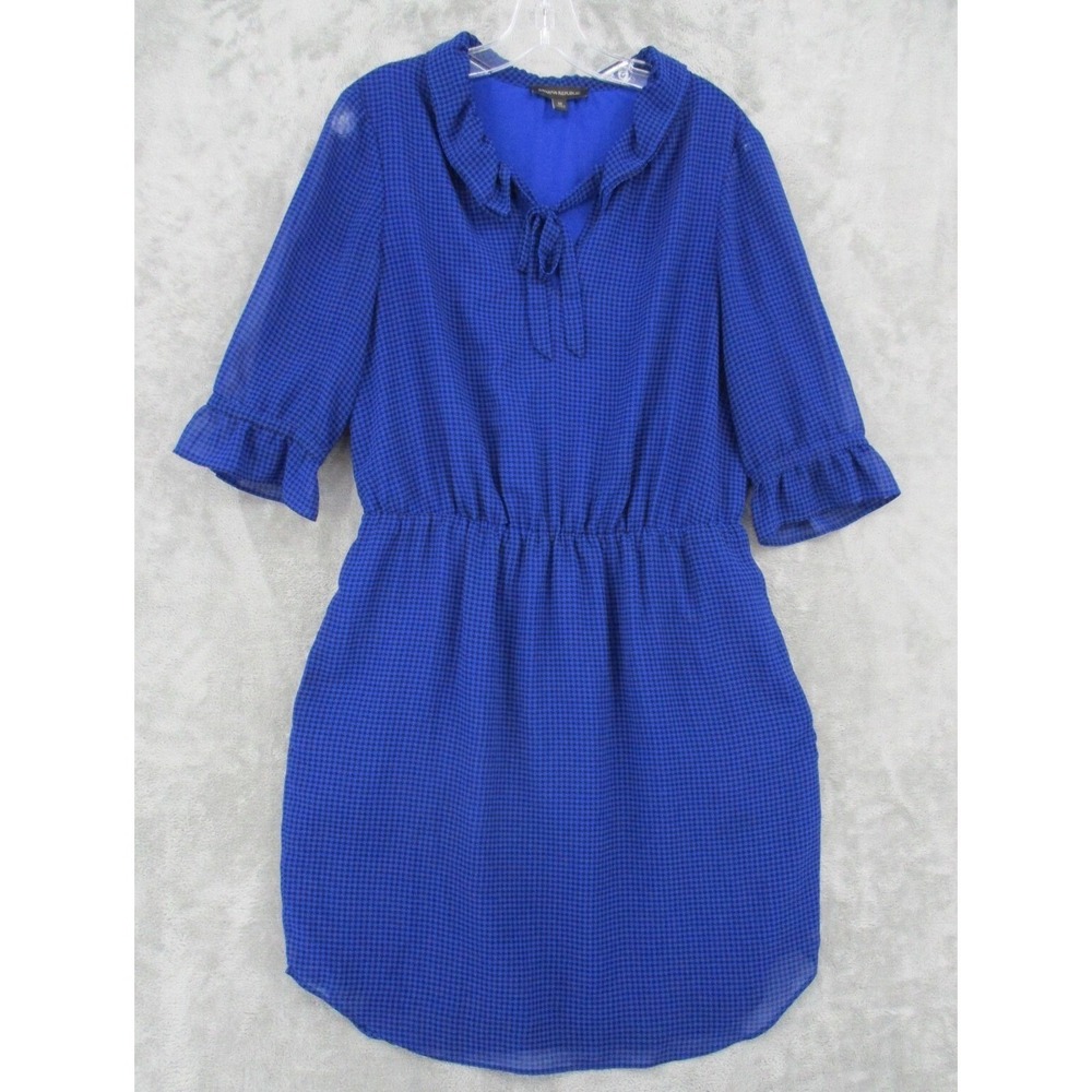 Banana Republic Dress Womens Medium Houndstooth Chiffon Tie Ruffle Preppy Blue